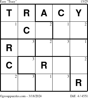 The grouppuzzles.com Easy Tracy puzzle for Monday March 18, 2024 with the first 3 steps marked