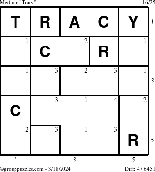 The grouppuzzles.com Medium Tracy puzzle for Monday March 18, 2024 with all 4 steps marked