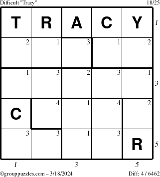 The grouppuzzles.com Difficult Tracy puzzle for Monday March 18, 2024 with all 4 steps marked
