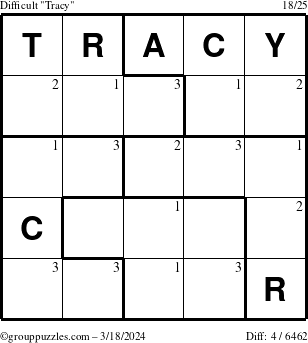 The grouppuzzles.com Difficult Tracy puzzle for Monday March 18, 2024 with the first 3 steps marked
