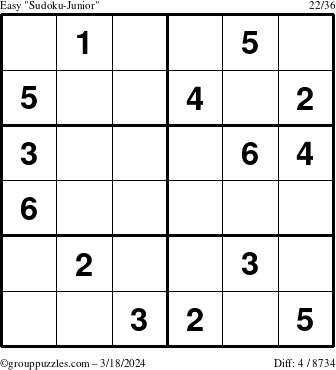 The grouppuzzles.com Easy Sudoku-Junior puzzle for Monday March 18, 2024