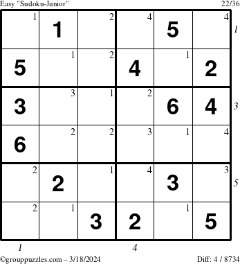 The grouppuzzles.com Easy Sudoku-Junior puzzle for Monday March 18, 2024 with all 4 steps marked