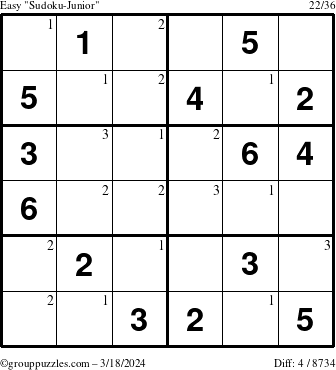 The grouppuzzles.com Easy Sudoku-Junior puzzle for Monday March 18, 2024 with the first 3 steps marked