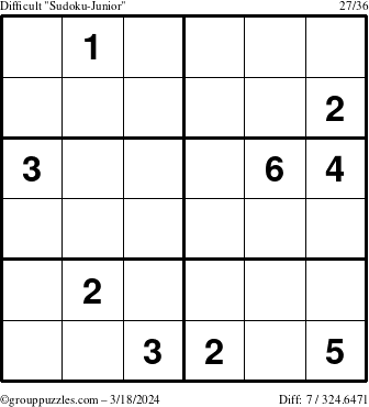 The grouppuzzles.com Difficult Sudoku-Junior puzzle for Monday March 18, 2024