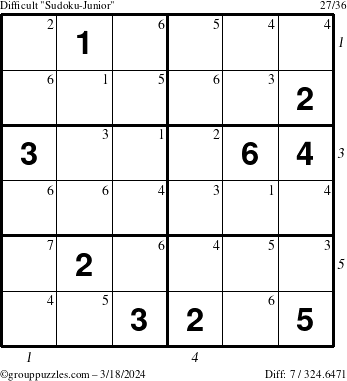 The grouppuzzles.com Difficult Sudoku-Junior puzzle for Monday March 18, 2024 with all 7 steps marked