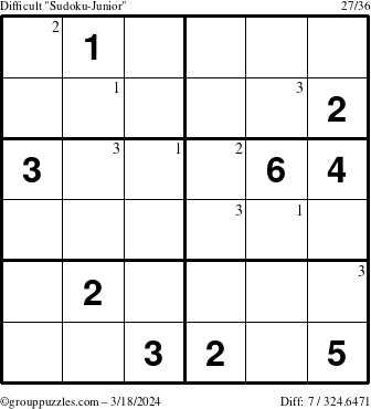 The grouppuzzles.com Difficult Sudoku-Junior puzzle for Monday March 18, 2024 with the first 3 steps marked
