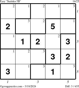The grouppuzzles.com Easy Sudoku-5B puzzle for Monday March 18, 2024 with all 3 steps marked
