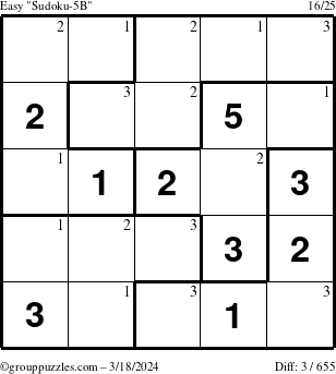 The grouppuzzles.com Easy Sudoku-5B puzzle for Monday March 18, 2024 with the first 3 steps marked
