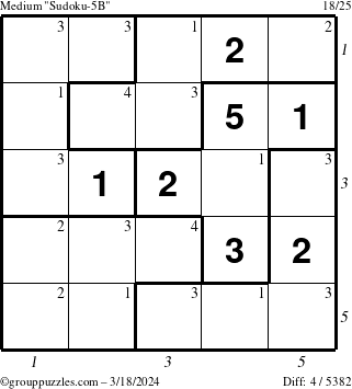 The grouppuzzles.com Medium Sudoku-5B puzzle for Monday March 18, 2024 with all 4 steps marked