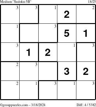 The grouppuzzles.com Medium Sudoku-5B puzzle for Monday March 18, 2024 with the first 3 steps marked
