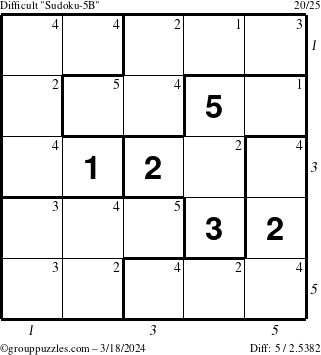 The grouppuzzles.com Difficult Sudoku-5B puzzle for Monday March 18, 2024 with all 5 steps marked
