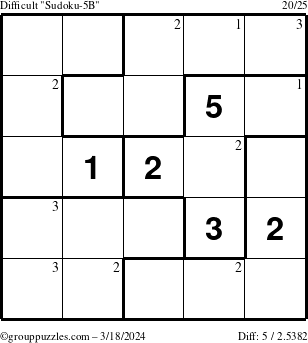 The grouppuzzles.com Difficult Sudoku-5B puzzle for Monday March 18, 2024 with the first 3 steps marked