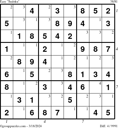 The grouppuzzles.com Easy Sudoku puzzle for Monday March 18, 2024 with all 4 steps marked