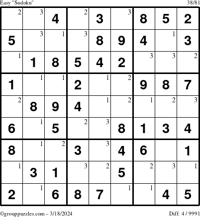 The grouppuzzles.com Easy Sudoku puzzle for Monday March 18, 2024 with the first 3 steps marked