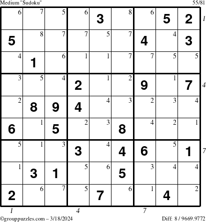 The grouppuzzles.com Medium Sudoku puzzle for Monday March 18, 2024 with all 8 steps marked