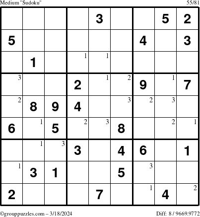 The grouppuzzles.com Medium Sudoku puzzle for Monday March 18, 2024 with the first 3 steps marked