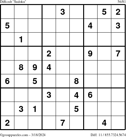 The grouppuzzles.com Difficult Sudoku puzzle for Monday March 18, 2024