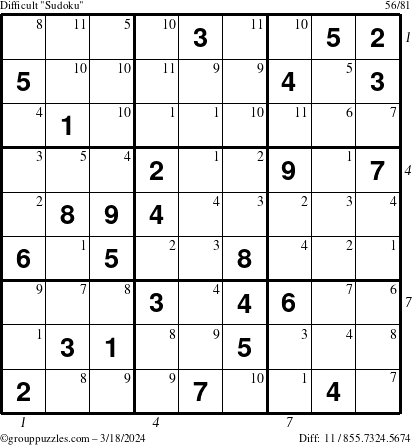 The grouppuzzles.com Difficult Sudoku puzzle for Monday March 18, 2024 with all 11 steps marked
