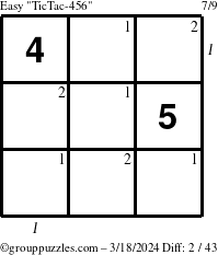 The grouppuzzles.com Easy TicTac-456 puzzle for Monday March 18, 2024 with all 2 steps marked