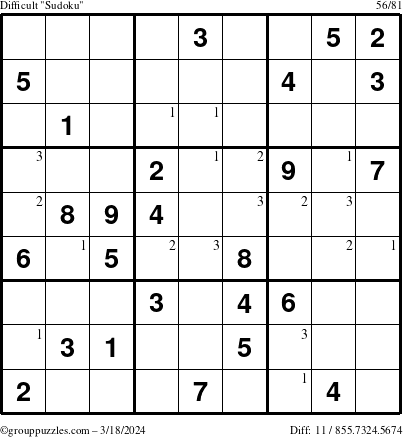 The grouppuzzles.com Difficult Sudoku puzzle for Monday March 18, 2024 with the first 3 steps marked
