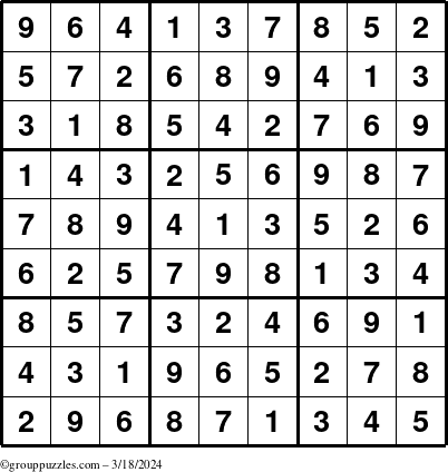 The grouppuzzles.com Answer grid for the Sudoku puzzle for Monday March 18, 2024