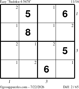 The grouppuzzles.com Easy Sudoku-4-5678 puzzle for Wednesday July 22, 2026, suitable for printing, with all 2 steps marked