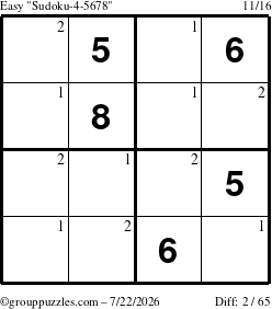 The grouppuzzles.com Easy Sudoku-4-5678 puzzle for Wednesday July 22, 2026 with the first 2 steps marked