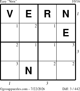 The grouppuzzles.com Easy Vern puzzle for Wednesday July 22, 2026, suitable for printing, with all 3 steps marked