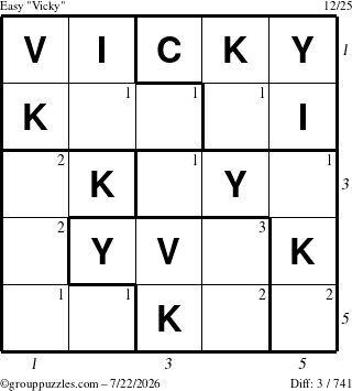 The grouppuzzles.com Easy Vicky puzzle for Wednesday July 22, 2026, suitable for printing, with all 3 steps marked
