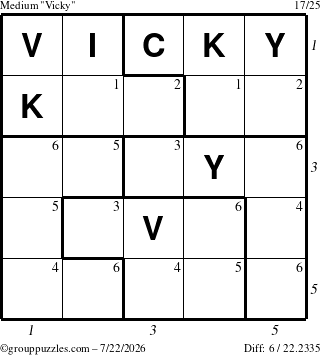 The grouppuzzles.com Medium Vicky puzzle for Wednesday July 22, 2026 with all 6 steps marked