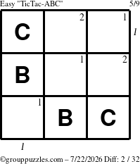The grouppuzzles.com Easy TicTac-ABC puzzle for Wednesday July 22, 2026, suitable for printing, with all 2 steps marked