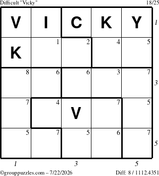 The grouppuzzles.com Difficult Vicky puzzle for Wednesday July 22, 2026 with all 8 steps marked
