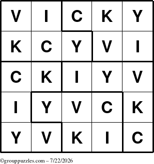 The grouppuzzles.com Answer grid for the Vicky puzzle for Wednesday July 22, 2026