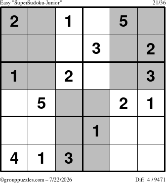 The grouppuzzles.com Easy SuperSudoku-Junior puzzle for Wednesday July 22, 2026