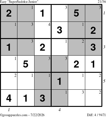 The grouppuzzles.com Easy SuperSudoku-Junior puzzle for Wednesday July 22, 2026, suitable for printing, with all 4 steps marked