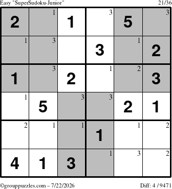 The grouppuzzles.com Easy SuperSudoku-Junior puzzle for Wednesday July 22, 2026 with the first 3 steps marked