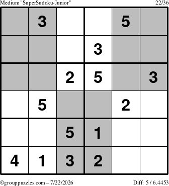The grouppuzzles.com Medium SuperSudoku-Junior puzzle for Wednesday July 22, 2026