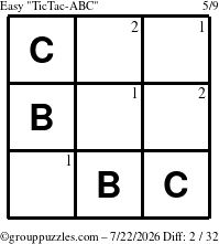 The grouppuzzles.com Easy TicTac-ABC puzzle for Wednesday July 22, 2026 with the first 2 steps marked