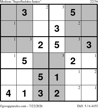 The grouppuzzles.com Medium SuperSudoku-Junior puzzle for Wednesday July 22, 2026 with the first 3 steps marked