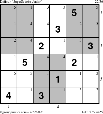 The grouppuzzles.com Difficult SuperSudoku-Junior puzzle for Wednesday July 22, 2026 with all 5 steps marked