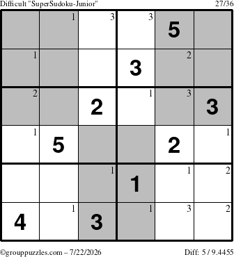 The grouppuzzles.com Difficult SuperSudoku-Junior puzzle for Wednesday July 22, 2026 with the first 3 steps marked