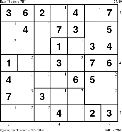 The grouppuzzles.com Easy Sudoku-7B puzzle for Wednesday July 22, 2026, suitable for printing, with all 3 steps marked