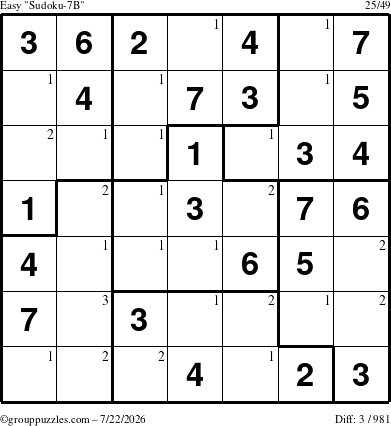 The grouppuzzles.com Easy Sudoku-7B puzzle for Wednesday July 22, 2026 with the first 3 steps marked