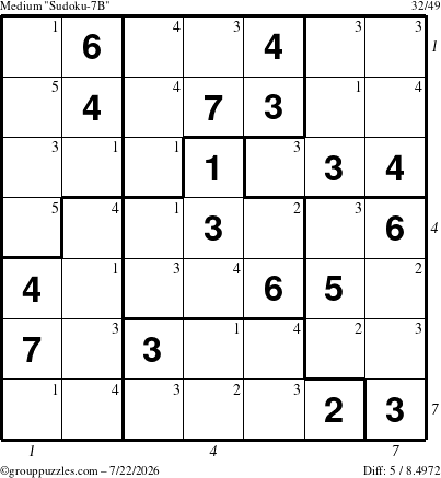 The grouppuzzles.com Medium Sudoku-7B puzzle for Wednesday July 22, 2026 with all 5 steps marked