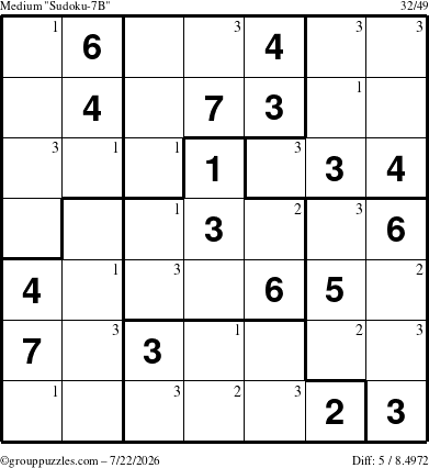 The grouppuzzles.com Medium Sudoku-7B puzzle for Wednesday July 22, 2026 with the first 3 steps marked