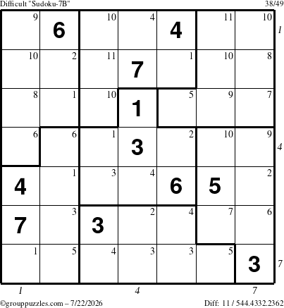 The grouppuzzles.com Difficult Sudoku-7B puzzle for Wednesday July 22, 2026, suitable for printing, with all 11 steps marked