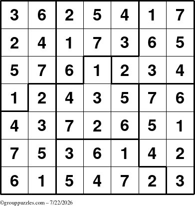 The grouppuzzles.com Answer grid for the Sudoku-7B puzzle for Wednesday July 22, 2026