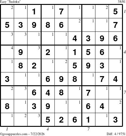 The grouppuzzles.com Easy Sudoku puzzle for Wednesday July 22, 2026 with all 4 steps marked
