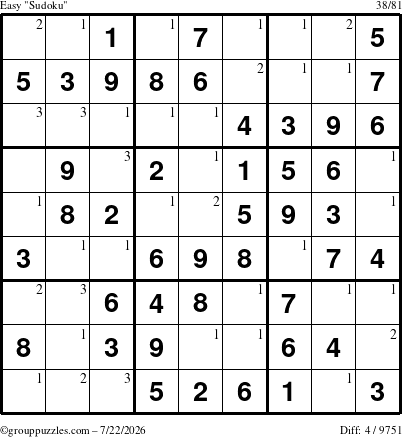 The grouppuzzles.com Easy Sudoku puzzle for Wednesday July 22, 2026 with the first 3 steps marked