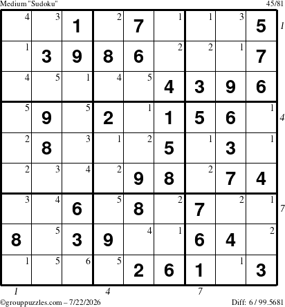 The grouppuzzles.com Medium Sudoku puzzle for Wednesday July 22, 2026 with all 6 steps marked